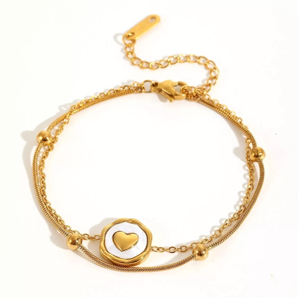 Gold Titanium Steel And White Enamel Heart Charm Double Chain Bracelet